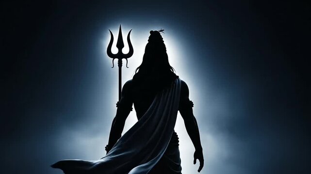 Lord shiva mahadev silhouette holding trishula trident against dramatic blue night sky mythology iconography spiritual power