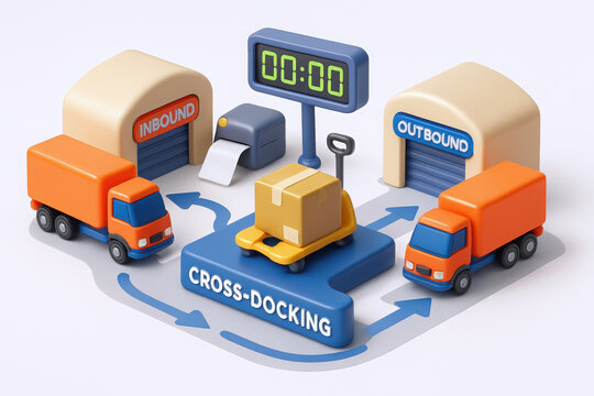 Colorful 3D illustration of a cross-docking logistics center with trucks, inbound and outbound areas.
