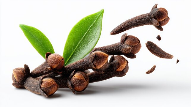Flying spice clove with green leaves isolated on a white background, showcasing detailed textures and natural colors, ideal for culinary and herbal product photography with copy space