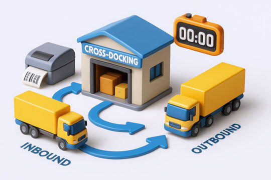 Illustration of cross-docking logistics with yellow trucks and a warehouse setting.
