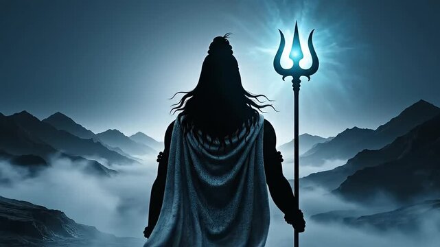 Lord shiva standing on misty mountain peak holding glowing trishula hindu god of destruction and meditation