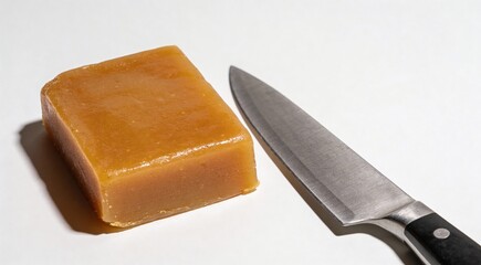 Delicious sweet quince paste and knife isolated on white