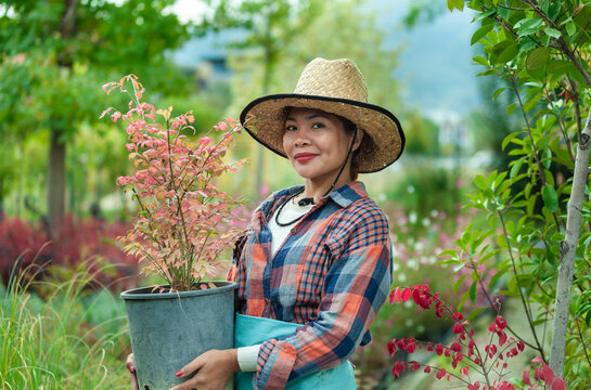Woman Holding Potted Plant in Garden