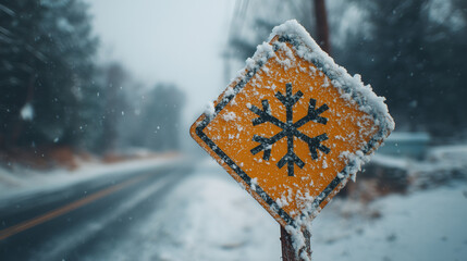 Yellow snow warning road sign covered with snow standing on a forest road during active winter snowfall.