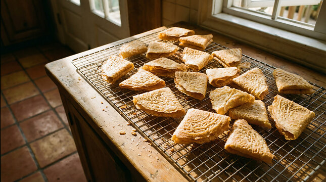 Golden Crispy Kuih Kapit Biscuits cooling on a Rack near a Window