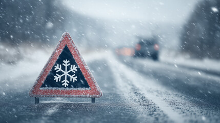 Snowflake warning road sign covered with snow during heavy snowfall on a winter road, symbolizing dangerous driving conditions and winter weather hazards.