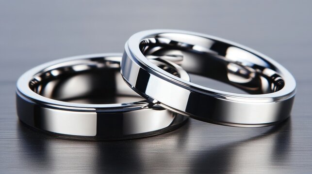 Two polished stainless steel interlocking rings gleaming with a bright silver shine