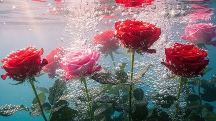 Vibrant red and delicate pink roses gracefully submerged underwater, surrounded by countless effervescent bubbles, creating a fresh, luminous, and romantic scene.
