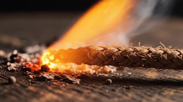 Close Up Of Lit Brown Fuse With Sparks On Wooden Surface In Dark Setting
