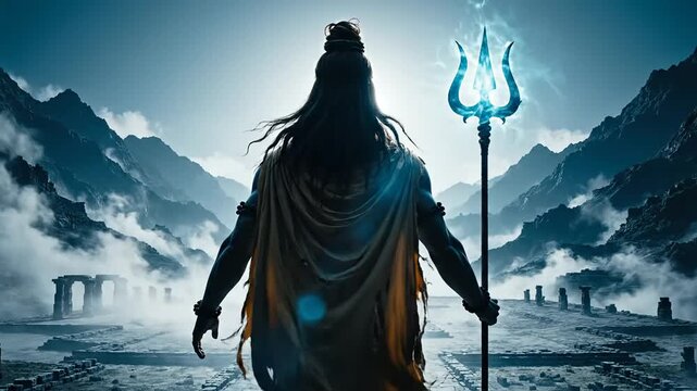 Powerful silhouette of lord shiva holding the glowing trident trishula against majestic mountains and fog an epic religious digital artwork