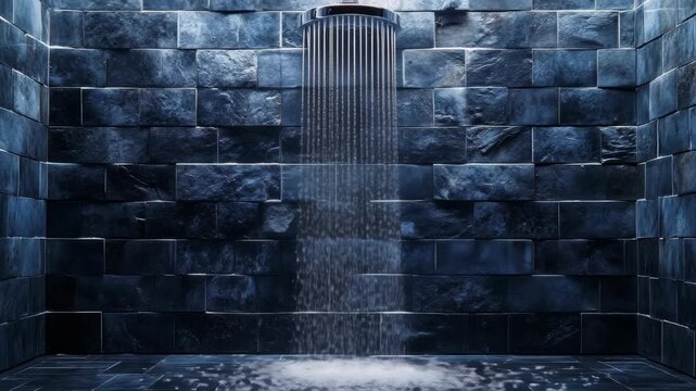 Modern rain shower in a dark stone bathroom ideal for luxury spa commercials and interior design concepts.