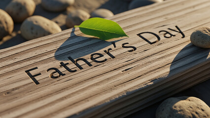 Wooden Father's Day sign with leaf on sandy background  