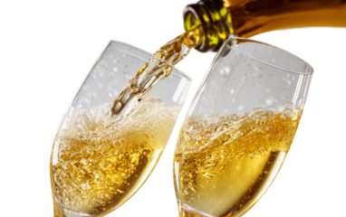 Hands pouring champagne into glasses with golden liquid for festive celebration and joyful moment isolated on transparent background PNG