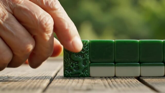 Strategic Placement: A hand, weathered by time, delicately positions a intricately carved tile, the game in progress, evoking a sense of contemplative focus, and the strategy of the gameplay.