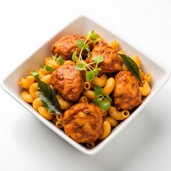 Fototapeta premium Illustration of a white square bowl filled with macaroni pasta and meatballs garnished with herbs on a plain white background