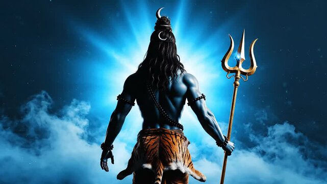 Powerful lord shiva standing under brilliant blue cosmic light deity mahadev wearing tiger skin and holding trident