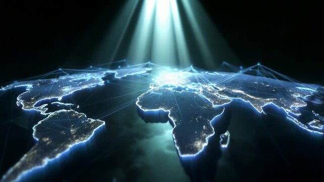 A Stunning Visualization of a Global Network: Illuminated World Map Depicting Connections, Geographic Representation, and Interactive Data Flow Captured from a Unique Perspective