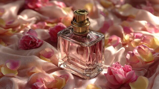 luxurious perfume bottle surrounded by rose petals and silk fabric, Valentine's Day gift concept, 8k, realistic, full ultra HD, high resolution, cinematic photography