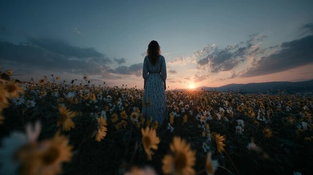 Woman in a flower field watching the sunset ideal for emotional music videos and spiritual concepts.