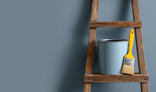 Wooden ladder supporting a paint can and brush against a muted blue wall, ready for home improvement.
