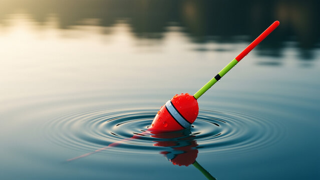 Fishing float bobbing in water with ripples on the surface  