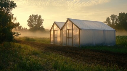 Two translucent agricultural greenhouses stand in a misty field at sunrise with rows of crops in the foreground and trees in the background bathed in warm golden light