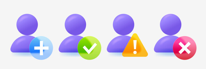 3D social media avatar icon set with various sign. Add new user, accept profile, suspicious activity, user not accepted