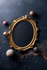 A golden halo-frame is placed in the center with a dark area inside. Several planets circle around it, some textured and shiny, creating a space theme
