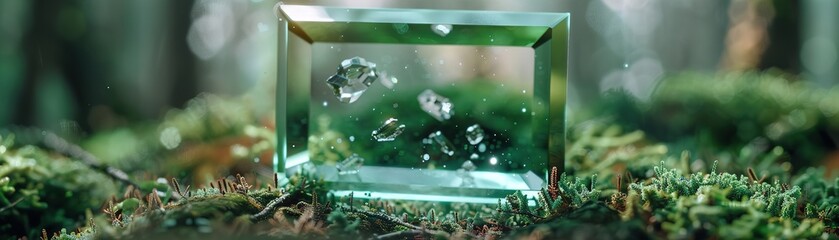 A large emerald floats above a forest clearing surrounded by tall trees. Sunlight shines through the leaves, creating shadows on the mossy ground. Small pieces of crystal drift around it