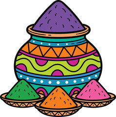 Holi Gulal Pot with Color Powder Bowls Vector Illustration for Festival of Colors