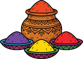 Holi Gulal Pots with Color Powder Vector Illustration for Festival of Colors
