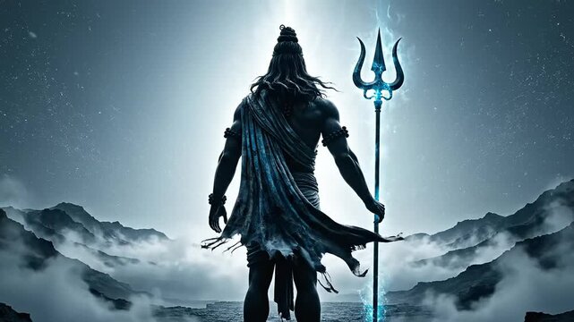 Lord shiva standing on dark mountain peak holding his sacred trident trishula amidst intense mystical energy and fog