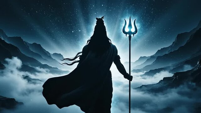 Powerful hindu god shiva silhouette standing on mountaintop under mystical dark night sky with trident light