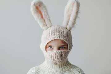 A child wears a bunny mask and hat made of soft material. The background is plain and white. The child is prepared for Easter celebrations
