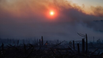 A dramatic sunset casts an orange glow over a smoky landscape, revealing charred trees and remnants of a forest fire. Environmental impact and destruction.