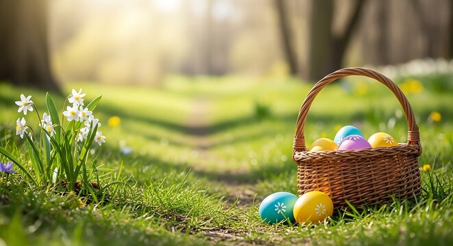 Easter sunday celebration with colorful eggs in a wicker basket on grass