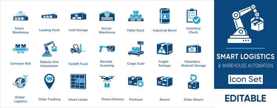 Smart logistics icon set. Containing warehouse, robotic arm, forklift, drone delivery, conveyor belt, tracking and more. Solid vector icons collection.