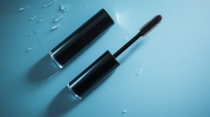 Elegant cosmetic mascara tubes displayed artfully on a cool blue surface with scattered water droplets one wand open suggesting beauty and makeup application for flawless lashes