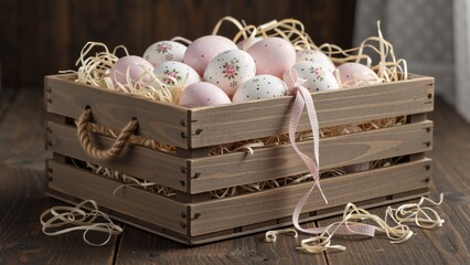 Rustic wooden crate filled with decorated Easter eggs. Pink and white floral and polka dot eggs in wood shavings. Spring holiday decoration with checkered ribbon