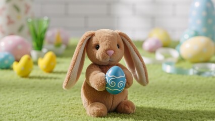 Plush brown bunny holding a blue Easter egg with white swirls. Stuffed rabbit toy on green grass with pastel eggs and chicks background. Spring holiday celebration concept