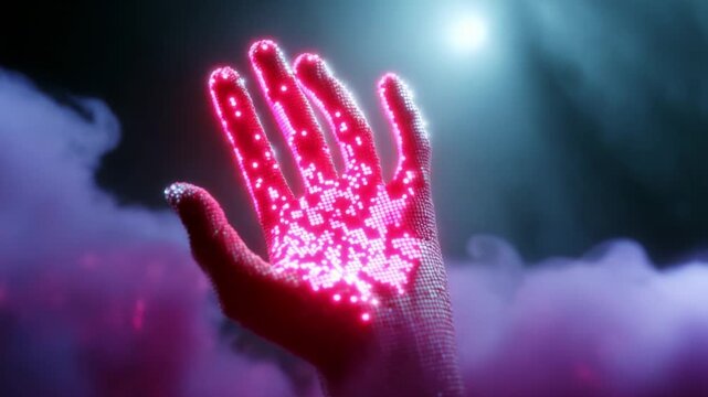 A mesmerizing visual representation of a hand illuminated with vibrant pixelated lights against a mystical foggy backdrop, blending the themes of technology, art, and digital abstraction in stunning