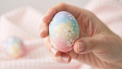 Hand holding a decorated Easter egg with pastel colors and daisy patterns. Close up of a hand-painted egg for spring holiday celebration. Traditional Easter craft and decoration