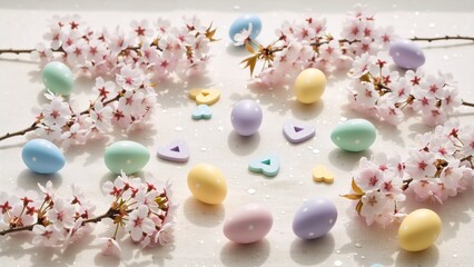 Obraz premium A festive flat lay of pastel Easter eggs and pink cherry blossom branches. Spring holiday still life composition with sakura flowers and decorations