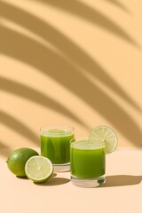 Fototapeta premium Fresh green juice with lime slices in clear glasses, minimal clean lifestyle composition. Suitable for nutrition articles, detox programs, wellness advertising, fitness brands and healthy beverage pro