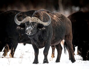 African Buffalo Stares Intently in the Wild, Surrounded by Herd.