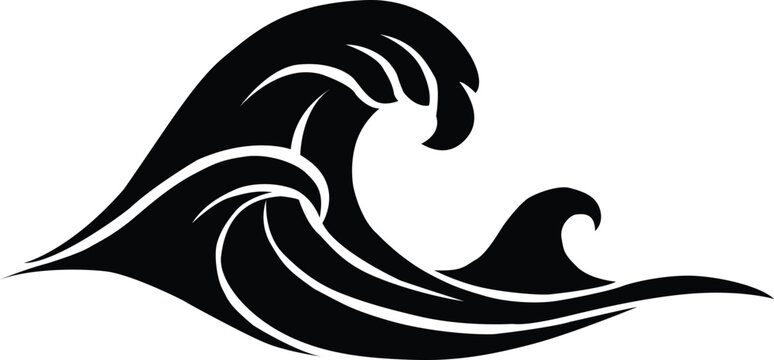 A black and white stylized illustration of a breaking ocean wave