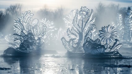 Intricate ice sculptures resembling floral and foliage designs glisten under soft lighting, creating a magical winter scene