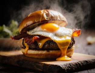 Delicious burger with egg, bacon and minced meat with smoke on a dark background