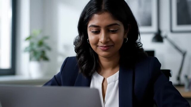 Young professional woman working on laptop in modern office environment.