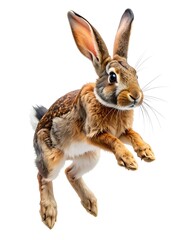 Alert Jackrabbit Leaping in Mid-Air on White Background.